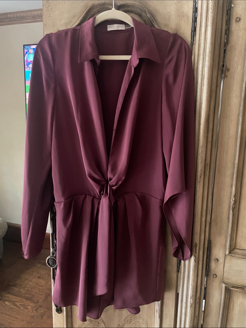 Women's Knot-Front Satin Blouse - Burgundy